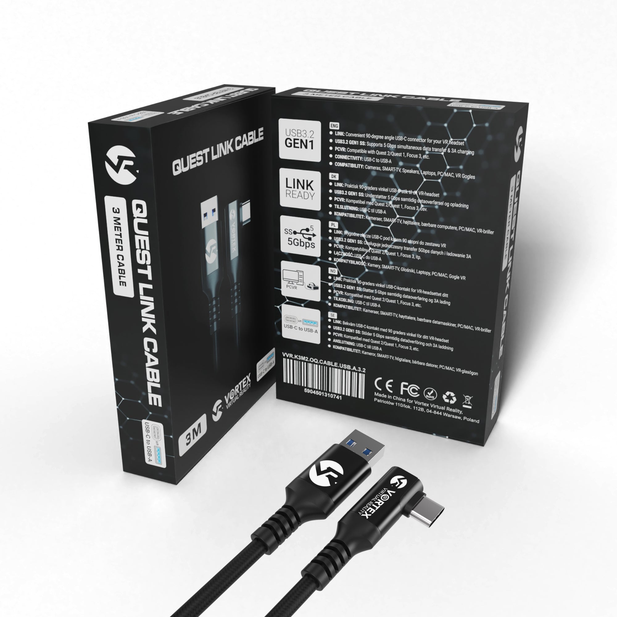 Oculus Link Kabel VortexVR 3m + Element mocujący | USB-A | do Oculus Quest 2 (lub Quest 1) | SteamVR | SideQuest