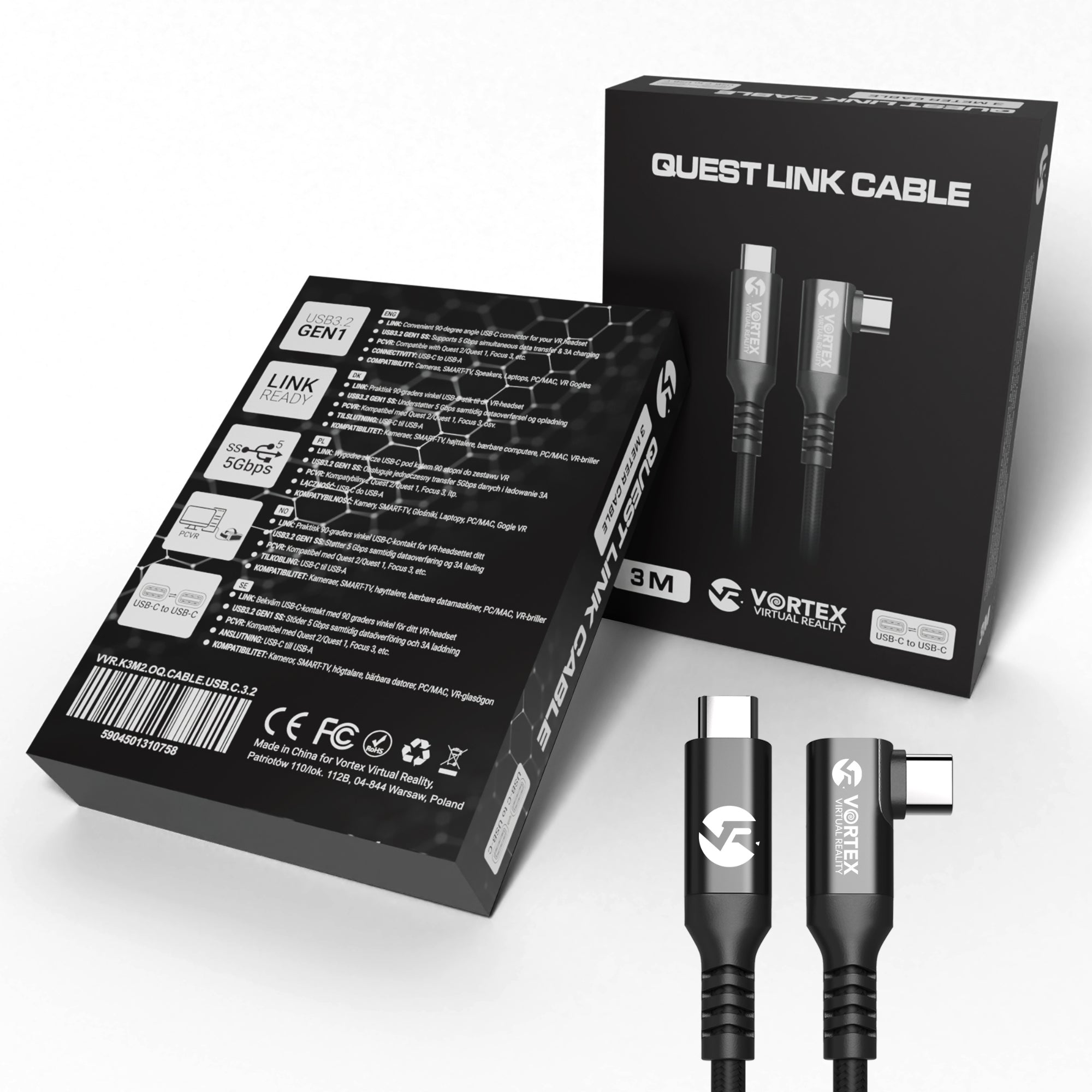 Oculus Link Kabel VortexVR 3m + Element mocujący | USB-C | do Oculus Quest 1, 2, 3 | SteamVR | SideQuest